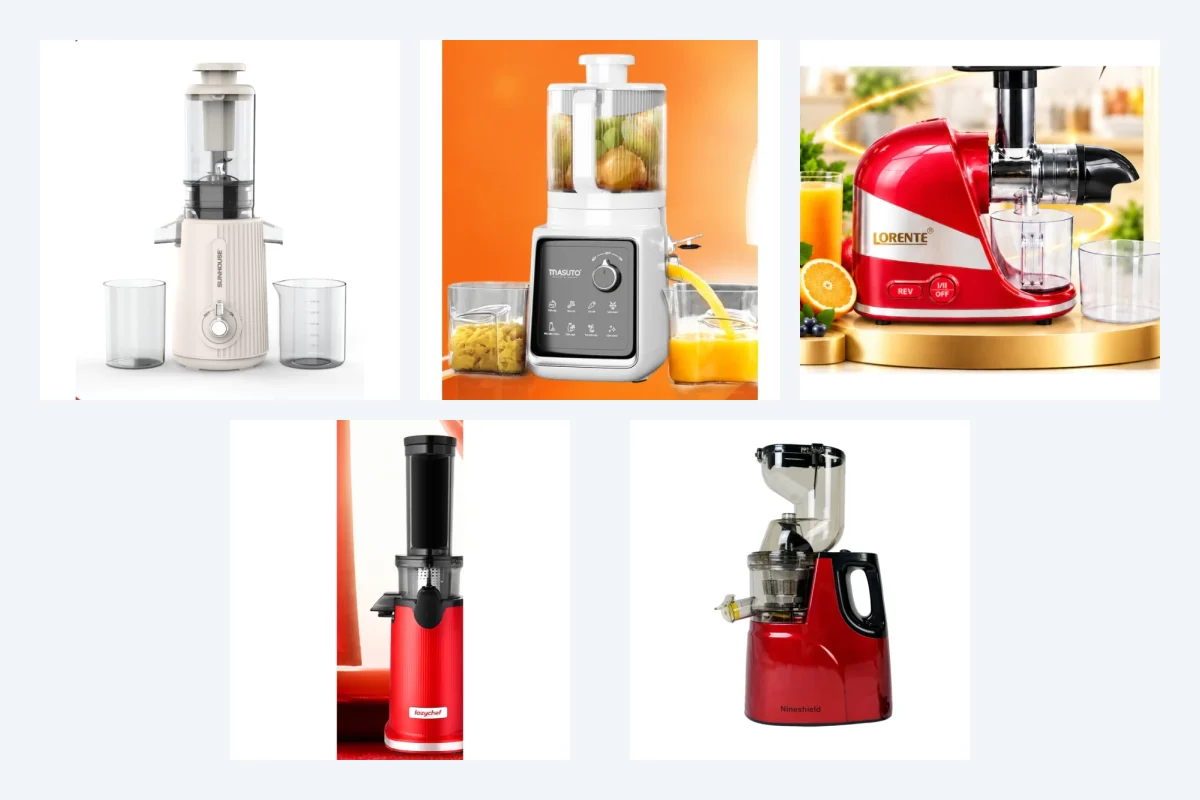 5 mẫu máy ép chậm: Sunhouse SHD5516, Masuto MSPrimeUltra, Lorente LT-2066, Lazychef Mini 3S, Nineshield KB-F8B