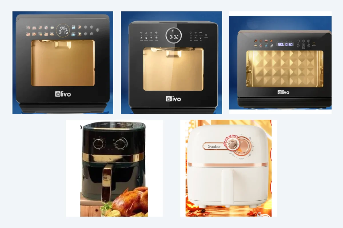5 mẫu nồi chiên không dầu và nồi chiên hấp: Olivo SF1600, SF16 Pro, SteamFry Xtra, Camel, Gaabor AF20M